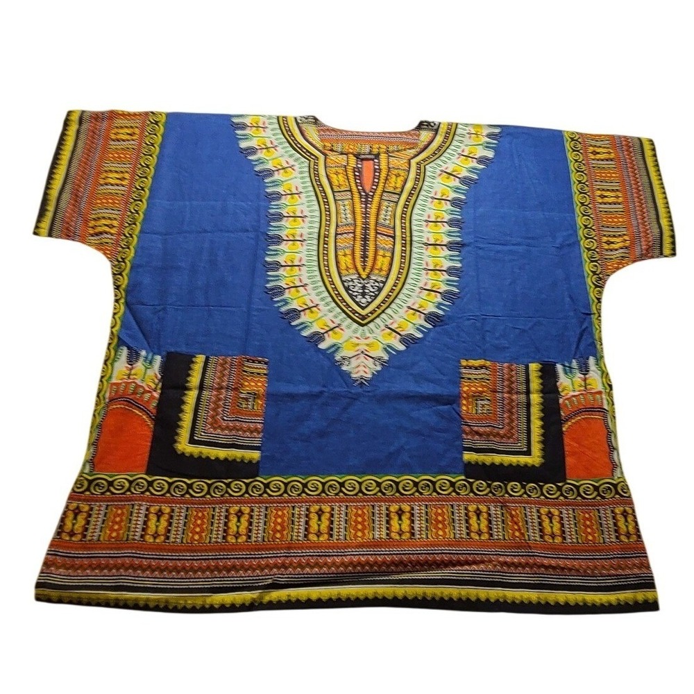 Jackpot African Dashiki Shirt‎ Blue Tribal Print V-Neck Tunic with Pockets Men's